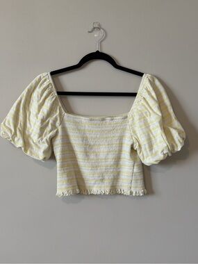 Copper Key Yellow & White Striped Puff Sleeve Cropped Top